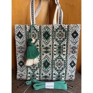 AMERICA &‎ BEYOND Beaded Tote Bag Purse Jacquard Crossbody Strap Green Boho